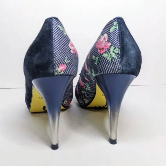 Poetic License Navy Floral Heel Womens 7.5 Peep Toe Suede Retro Party Pumps - Picture 4 of 8